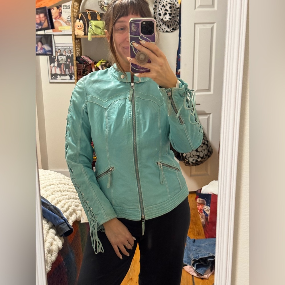 Vintage Scully Women's Teal Leather Jacket - Picture 12 of 12